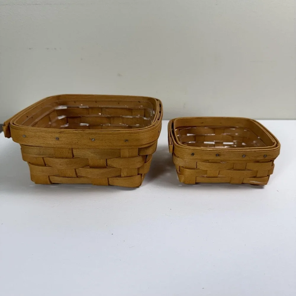 Vintage Longaberger Basket Set Of 2 Brown Handwoven Wood W Plastic Liners USA